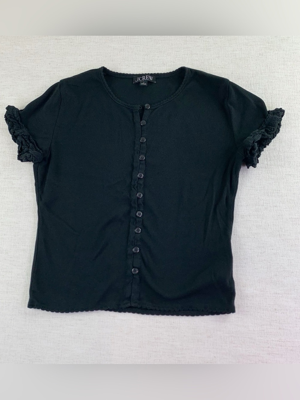 J Crew short sleeve fitted Fine rib crochet-trim cardigan‎ in black crew neck